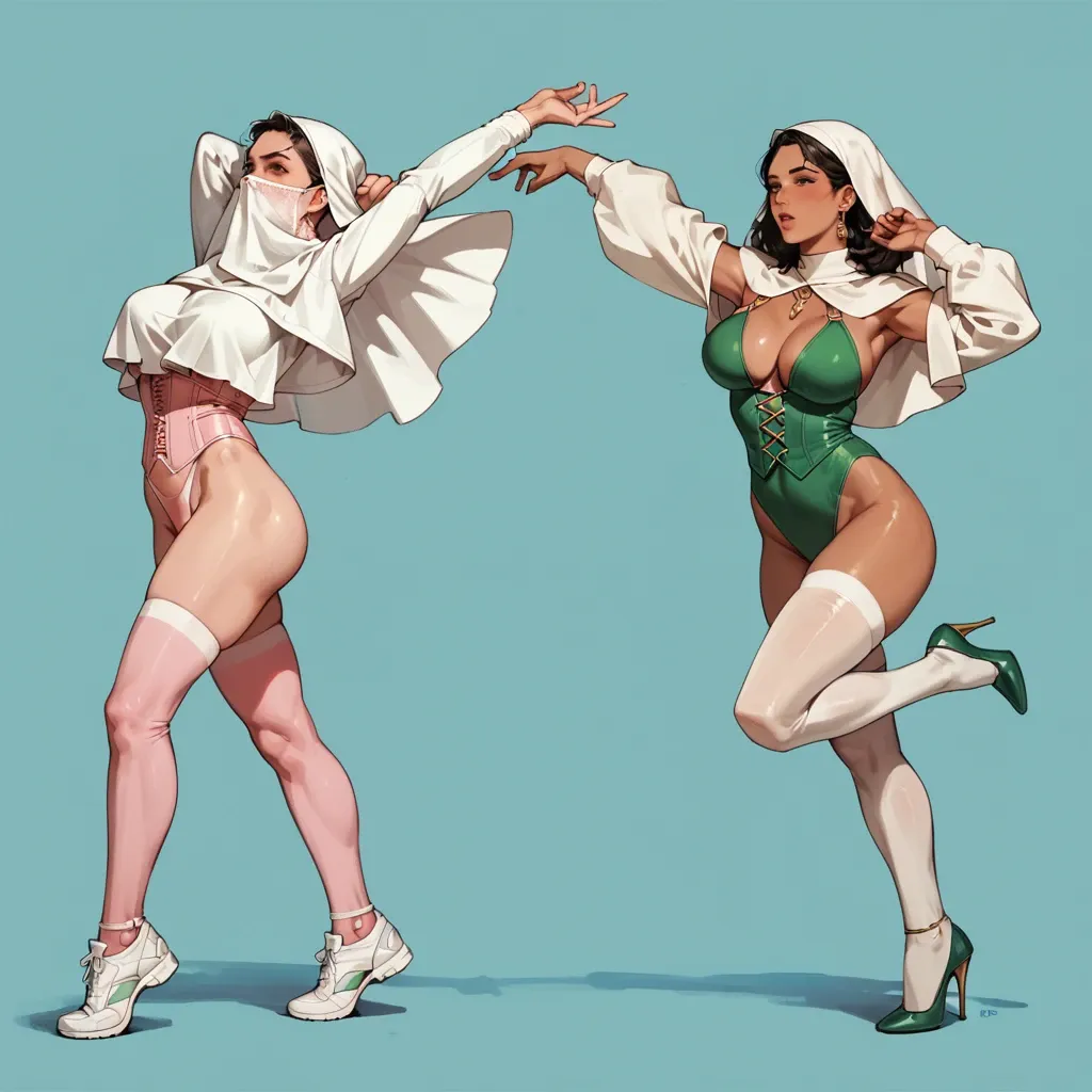 2girl, , , , outstretching,heel,large breasts,arabian clothes,stand, sweatshirt,white stockings,white veil,green swimsuit,stiletto heels, white sweater,pink stockings,capelet,corset piercing,running shoes, half dressed,pantyhose,garter belt,bra,brown boots, in a kitchen, city, cyberpunk, photorealistic, brightly, girl lara croft, waifu