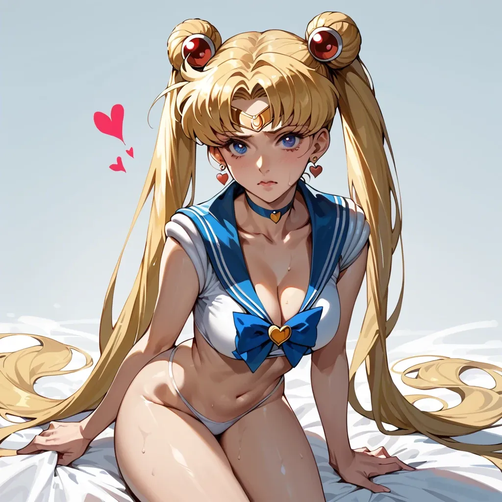 tsukino usagi, sailor moon, 1girl, solo, long hair, breasts, looking at viewer, blue eyes,, blonde hair, hair ornament, navel, cleavage, twintails, very long hair, collarbone, heart, thighs, earrings, choker,double bun,hair bun, midriff, hair bun, huge breasts, lips, double bun, mini chinese dress,