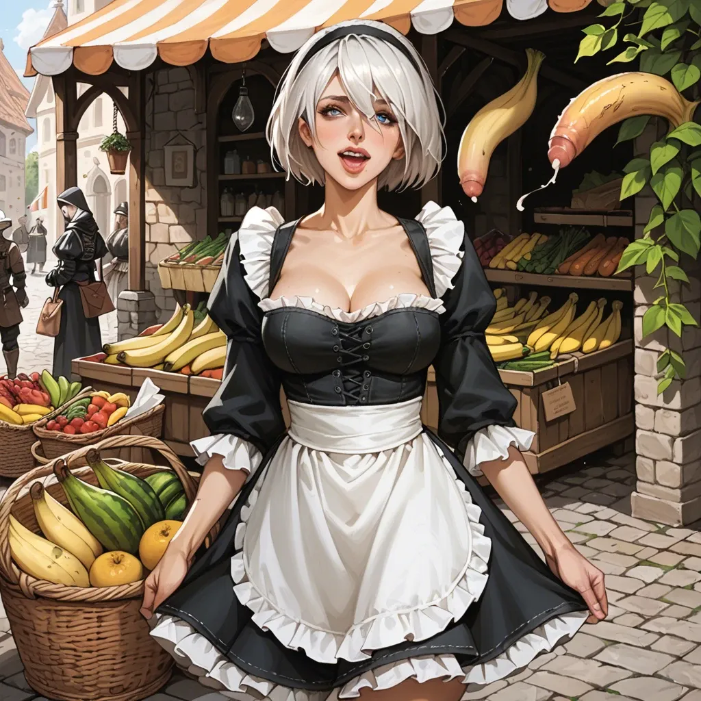 Yorha 2b, happy, medieval marketplace, shopping bananas, medieval maid skirt