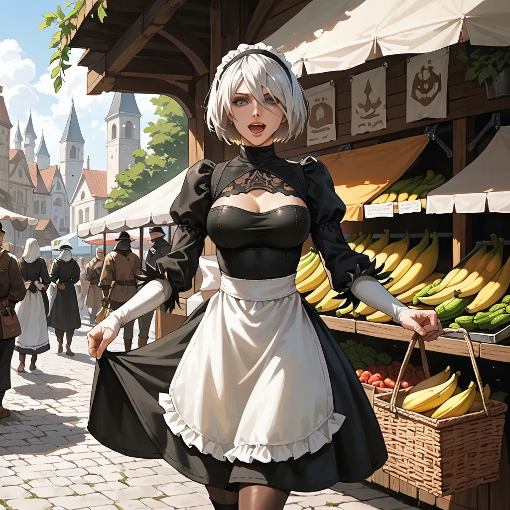 Yorha 2b, happy, medieval marketplace, shopping bananas, medieval maid skirt