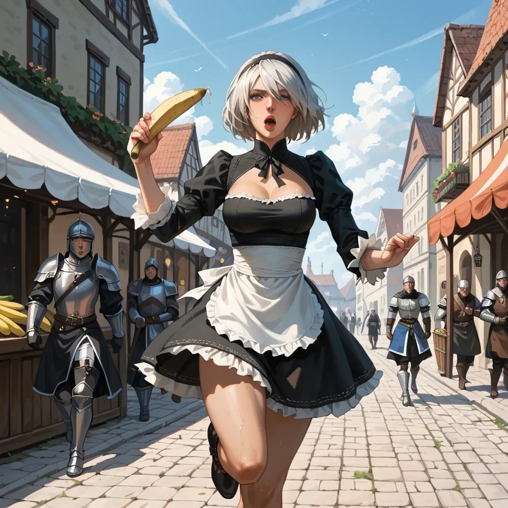 Yorha 2b, fun expression, medieval marketplace, running, holding a banana, guards running behind her, medieval maid skirt,  slim body, hundred guards, thousand guards,chased