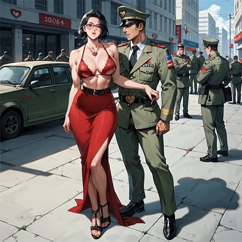 1girl,1boy, , , , tie clip,elbow,areolas,medium hips,heart necklace, long dress,lace,glasses,sexy red bikini,heels, army uniform,lace,belt,thongs,strappy sandals, bara, restrained, spaceship, android 18, wonder woman, dynamic