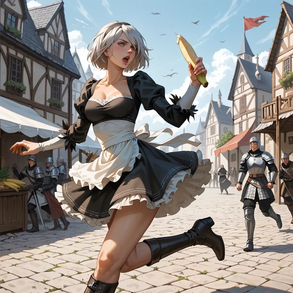 Yorha 2b, fun expression, chased, medieval marketplace, running, holding a banana, guards running behind her, medieval maid skirt,  slim body, hundred guards, thousand guards,chased