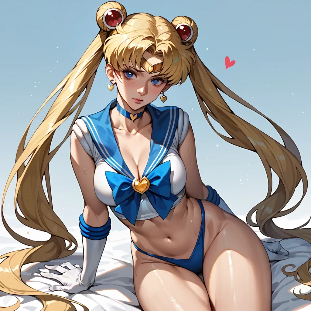 tsukino usagi, sailor moon, 1girl, solo, long hair, breasts, looking at viewer, blue eyes,, blonde hair, hair ornament, navel, cleavage, twintails, very long hair, collarbone, heart, thighs, earrings, choker,double bun,hair bun, midriff, hair bun, huge breasts, lips, double bun, mini chinese dress,