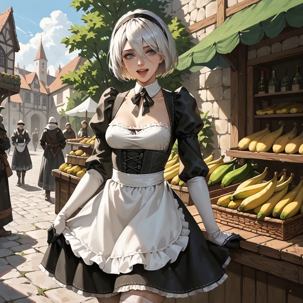 Yorha 2b, happy, medieval marketplace, stealing bananas, medieval maid skirt,  slim body