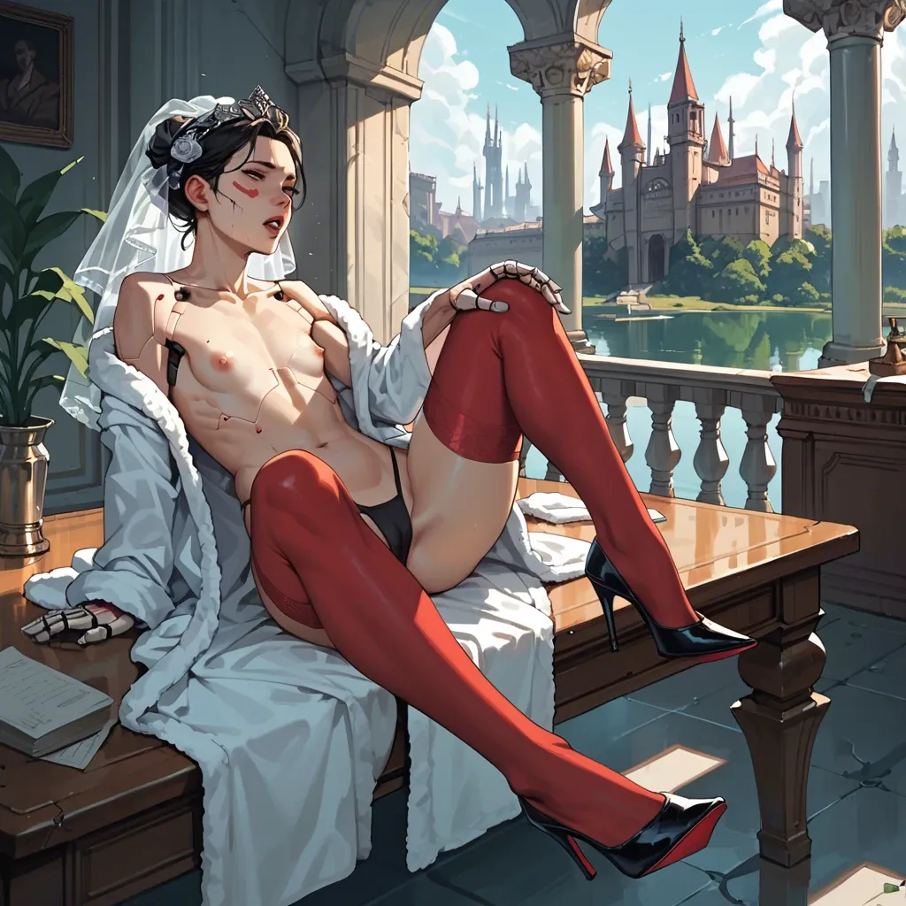 1girl,solo, , , , cheek bulge,licking feet,flat chest,chest out,doll joints, bathrobe,red thighhighs,bridal veil,black thong,heels, palace bedroom, bathing in lake, cyberpunk, robot, on desk, source cartoon, bright colors, wonder woman, nami