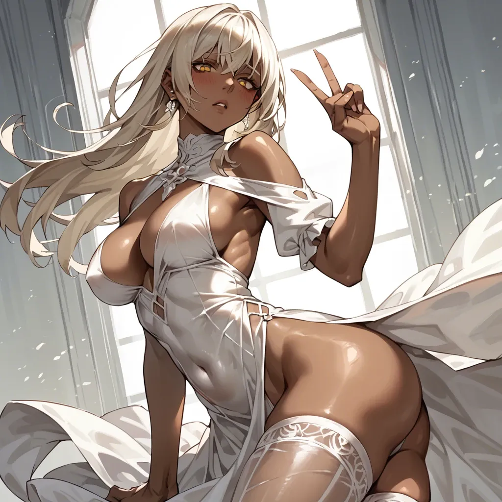 1girl, breasts, dark_skin, dress, solo, covered_navel, long platinum blonde hair, black_dress, 106cm ass, yellow_eyes, v-bangs, looking_at_viewer, blush, parted_lips, elbow_gloves, gloves, bare_shoulders, white_hair, jewelry, earrings, clothing_cutout, bangs, indoors, pelvic_curtain, large_breasts, window, cleavage_cutout, cleavage, black_gloves, curtains, cowboy_shot, lips, sleeveless, hair_intakes, medium_breasts, rage expression, black pantie,  wet pantie