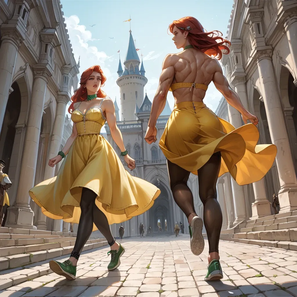 2girl, , , , high cheekbones,bound ankles,medium boobs,back muscles,bare shoulders, yellow dress,leggings,beaded jewelry,undersized bra,running shoes, palace bedroom, trained thighs, medieval theme, green collar, ariel waifu