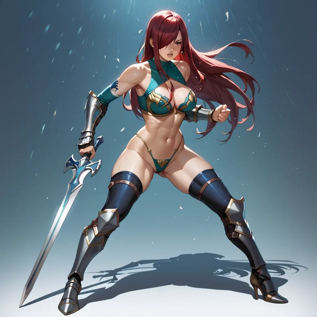 full body image, erza fighting, erza scarlet of fairy tail, image refer from fairy tail anime, wearing the clothes Ataraxia Armor bra broken refer from erza scarlet fairy tail anime series, Wear a full set of the clothes, medium breasts, tall girl, thin body, slim legs, face refer from erza scarlet fairy tail, a fat old man Do it secretly inserting cock in pussy