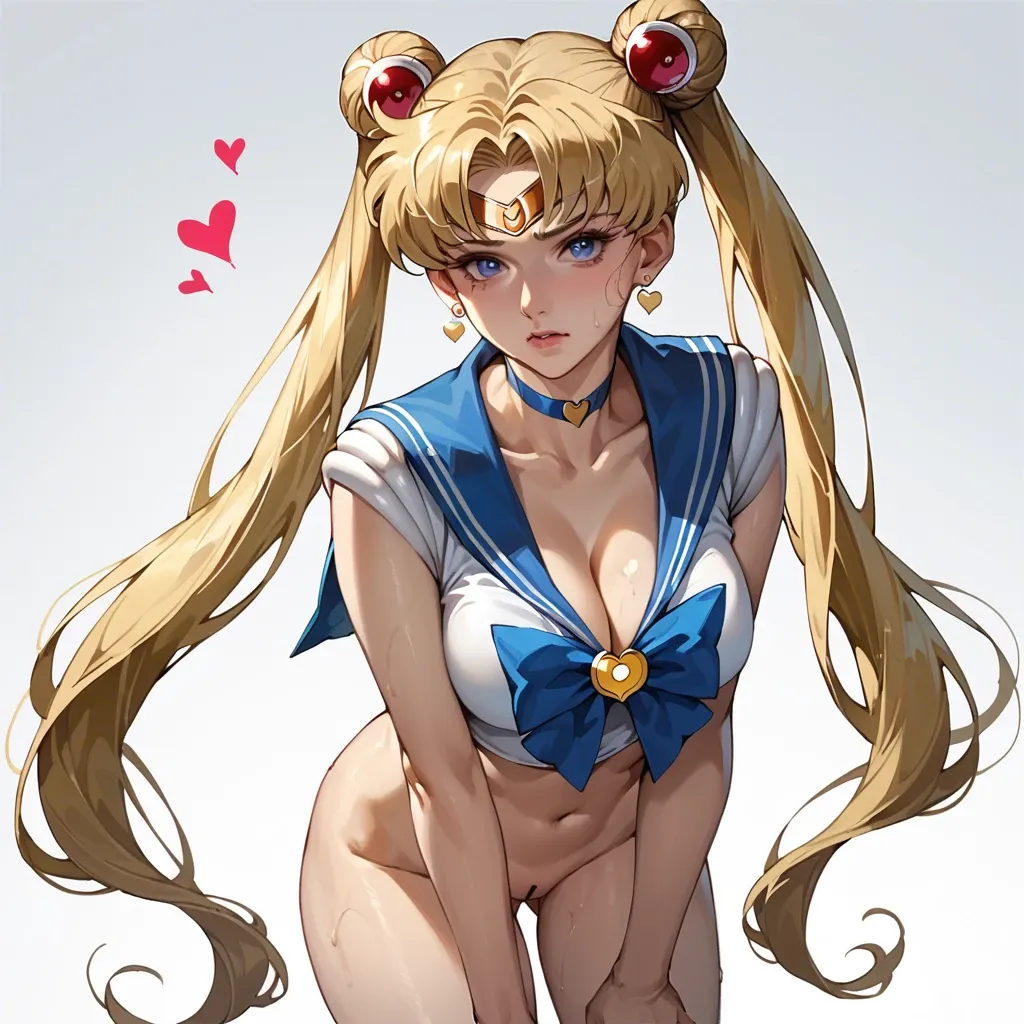 tsukino usagi, sailor moon, 1girl, solo, long hair, breasts, looking at viewer, blue eyes,, blonde hair, hair ornament, navel, cleavage, twintails, very long hair, collarbone, heart, thighs, earrings, choker,double bun,hair bun, midriff, hair bun, huge breasts, lips, double bun, mini chinese dress,