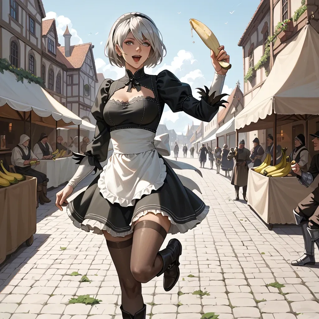 Yorha 2b, happy, medieval marketplace, running, holding a banana, guard chase, medieval maid skirt,  slim body, hundred guards