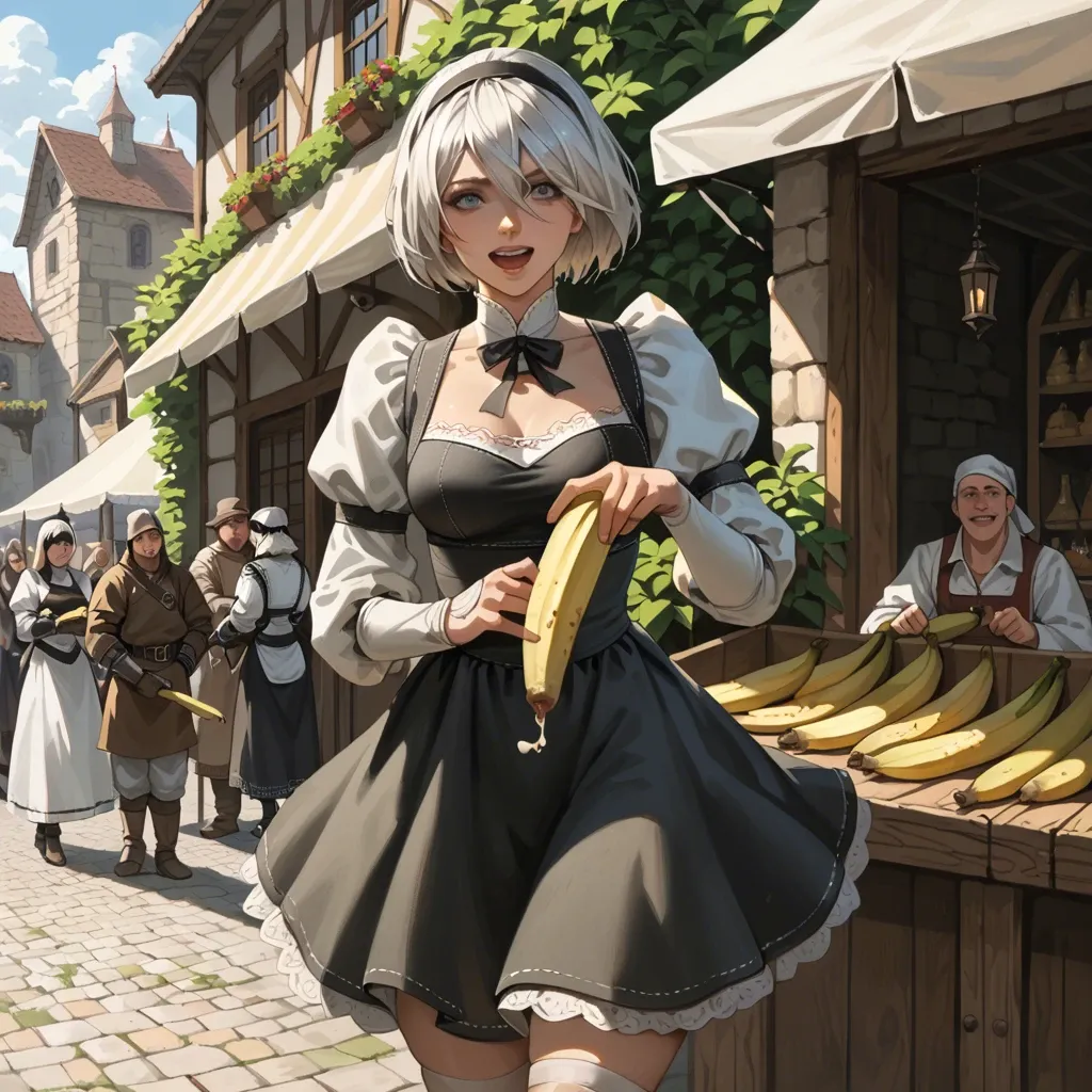 Yorha 2b, happy, medieval marketplace, sneaking, holding a banana, medieval maid skirt,  slim body,  chased by guards