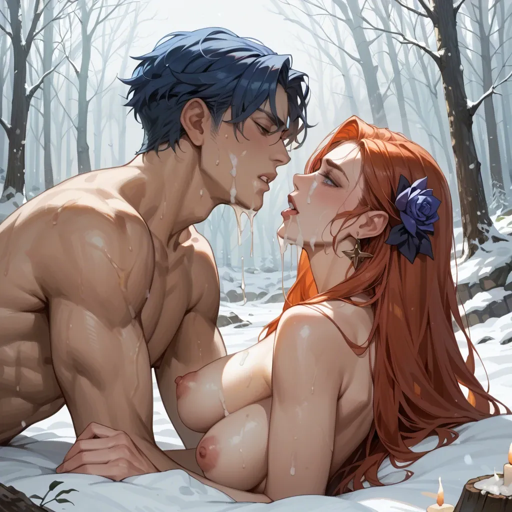 1girl1boy, Redhead, sex, boob touch, cozy warm cottage, candles, wax, snowy forest outside, foggy, icicles, pretty face, young, smooth body, very pale skin, Mona Lisa facial expression, nude, blue hair flower