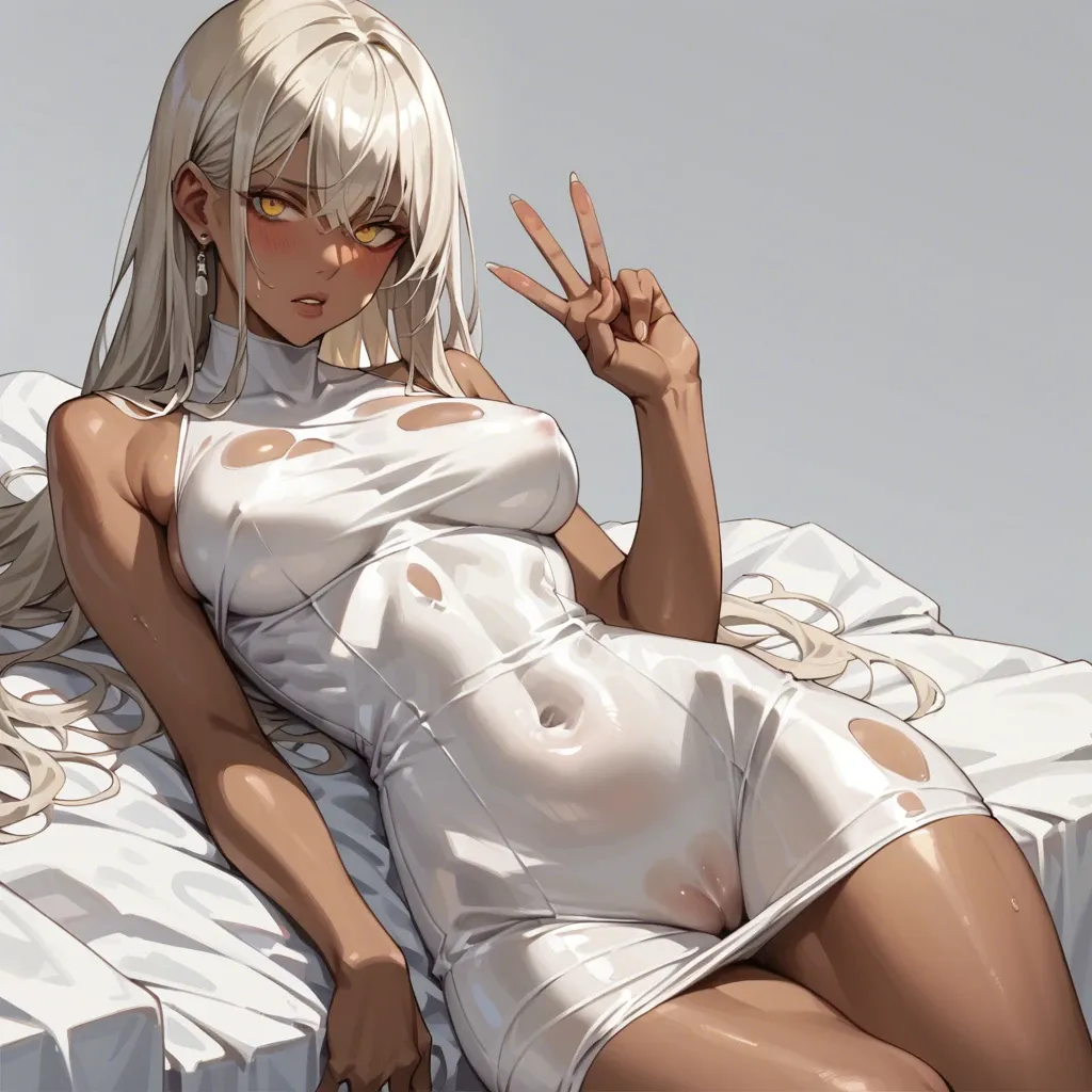 1girl, breasts, dark_skin, dress, solo, covered_navel, long platinum blonde hair, black_dress, 106cm ass, yellow_eyes, v-bangs, looking_at_viewer, blush, parted_lips, elbow_gloves, gloves, bare_shoulders, white_hair, jewelry, earrings, clothing_cutout, bangs, indoors, pelvic_curtain, large_breasts, window, cleavage_cutout, cleavage, black_gloves, curtains, cowboy_shot, lips, sleeveless, hair_intakes, medium_breasts, rage expression, black pantie,  wet pantie