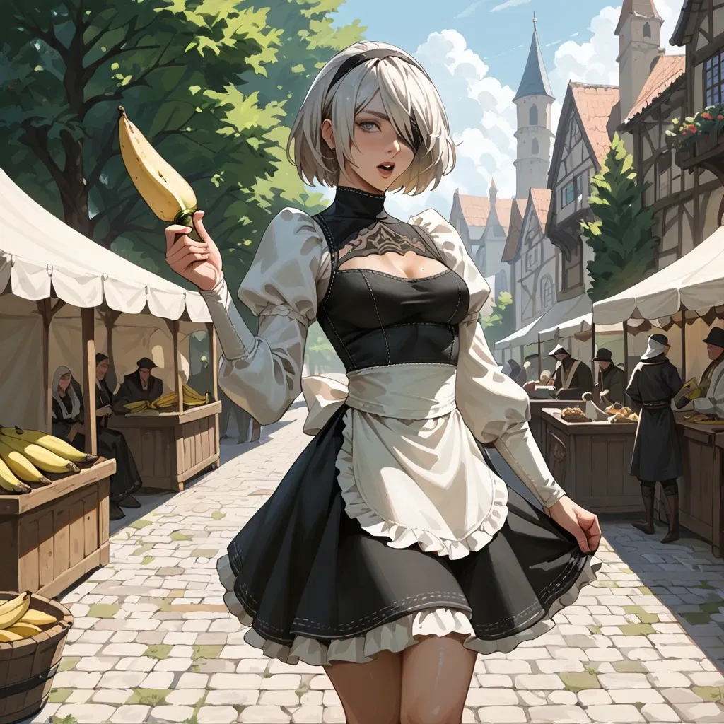 Yorha 2b, happy, medieval marketplace, sneaking, holding a banana, medieval maid skirt,  slim body