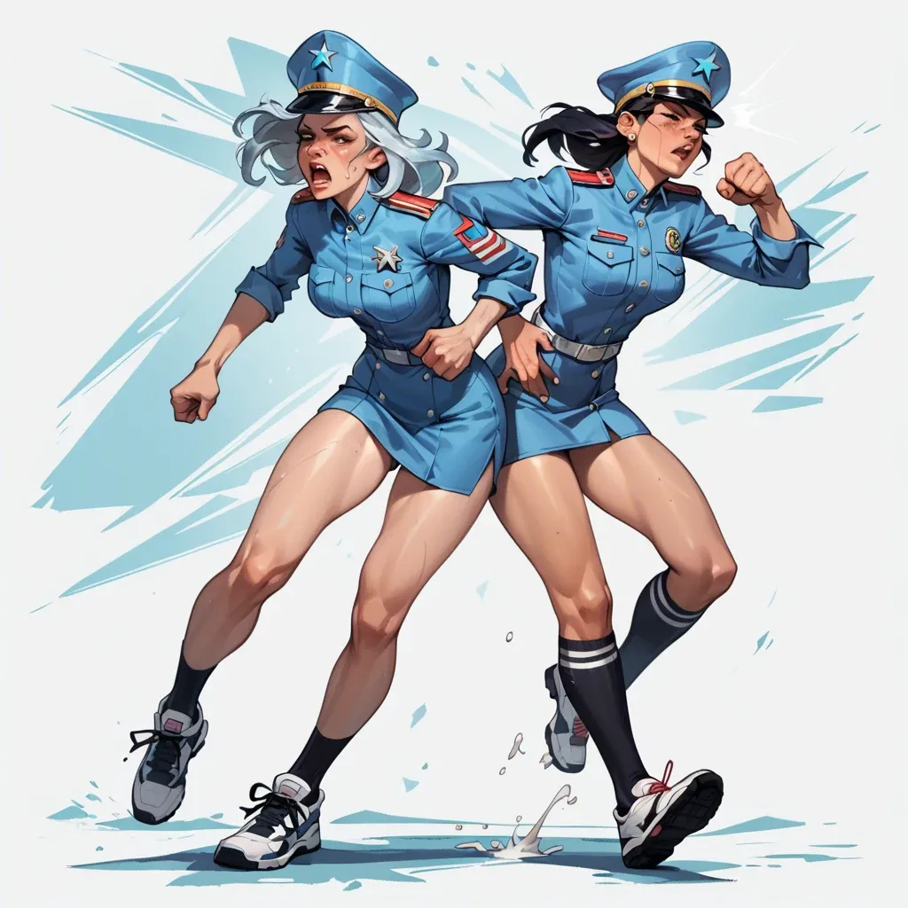 2girl, , , , pinching,arm support,big perky boobs,clenched waist,natural skin, facial freckles,feet,medium tits,abstract,trixie tang, uniform,knee socks,military hat,bra,running shoes, bar background, medieval prison, phone exposure, photorealistic, dark sky, linked, spider-gwen