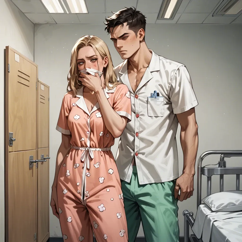 Single piece long pajamas dress, bleak mood, standing,  standing behind, covered mouth, blonde redish hair, freckles, teenager, 1girl1boy, hospital, erect pants