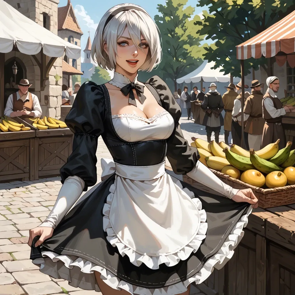 Yorha 2b, happy, medieval marketplace, stealing bananas, medieval maid skirt,  slim body