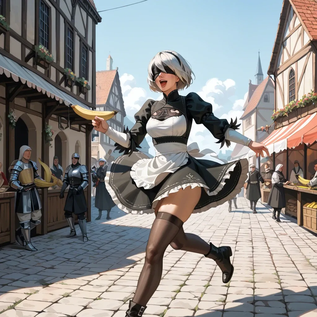 Yorha 2b, happy, medieval marketplace, running, holding a banana, guards behind her, medieval maid skirt,  slim body, hundred guards