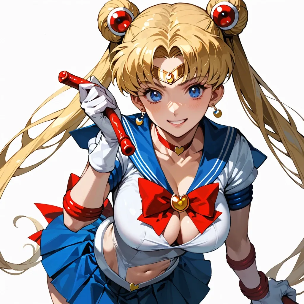 tsukino usagi, sailor moon, 1girl, solo, long hair, breasts, looking at viewer, smile, bangs, blue eyes, skirt, blonde hair, large breasts, hair ornament, gloves, navel, holding, cleavage, twintails, jewelry, very long hair, closed mouth, underwear, standing, panties, heart, thighs, cowboy shot, pleated skirt, earrings, sky, choker, elbow gloves, midriff, white gloves, miniskirt, sailor collar, stomach, hair bun, white panties, red bow, lips, mini blue skirt, crop top, double bun, cameltoe, garter straps, pantyshot, magical girl, blue sailor collar, crescent, breast hold, circlet, wand, red choker, arm under breasts, crescent moon, sailor senshi uniform, holding wand, heart choker, crescent earrings