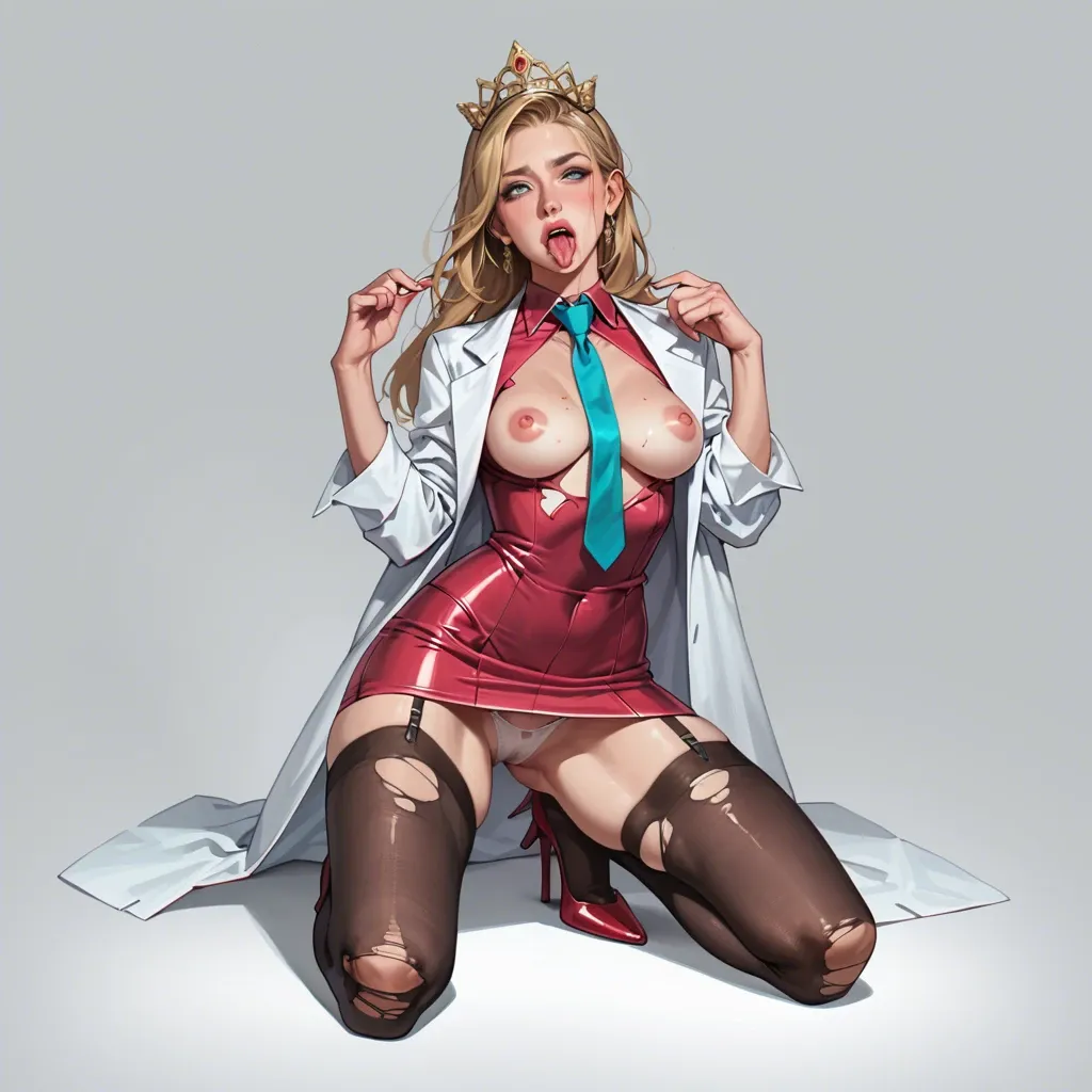 1girl,solo, , , , tongues,warm,round boobs,lab coat,kneeling, ripped pants,sexy stockings,aqua necktie,maroon bodysuit,high heels, pink skirt,baggy socks,golden tiara,white panties,stiletto heels, lift dress up,fishnet sleeve,dangly earrings,green bodysuit,black sneakers, baroque, bathing in lake, big dildo, detailed, well-lit, tifa, rapunzel, dynamic