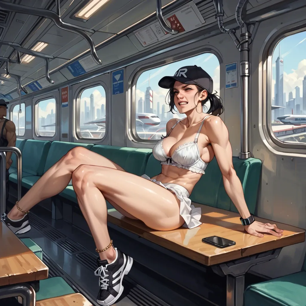 1girl,solo, , , , clenching teeth,two-footed,big tits,grey background,broad shoulders, crossdressing,anklets,garrison cap,loose bra,black sneakers, living room, crowded train, spaceship, on desk, source anime, golden hour, princess peach, miku