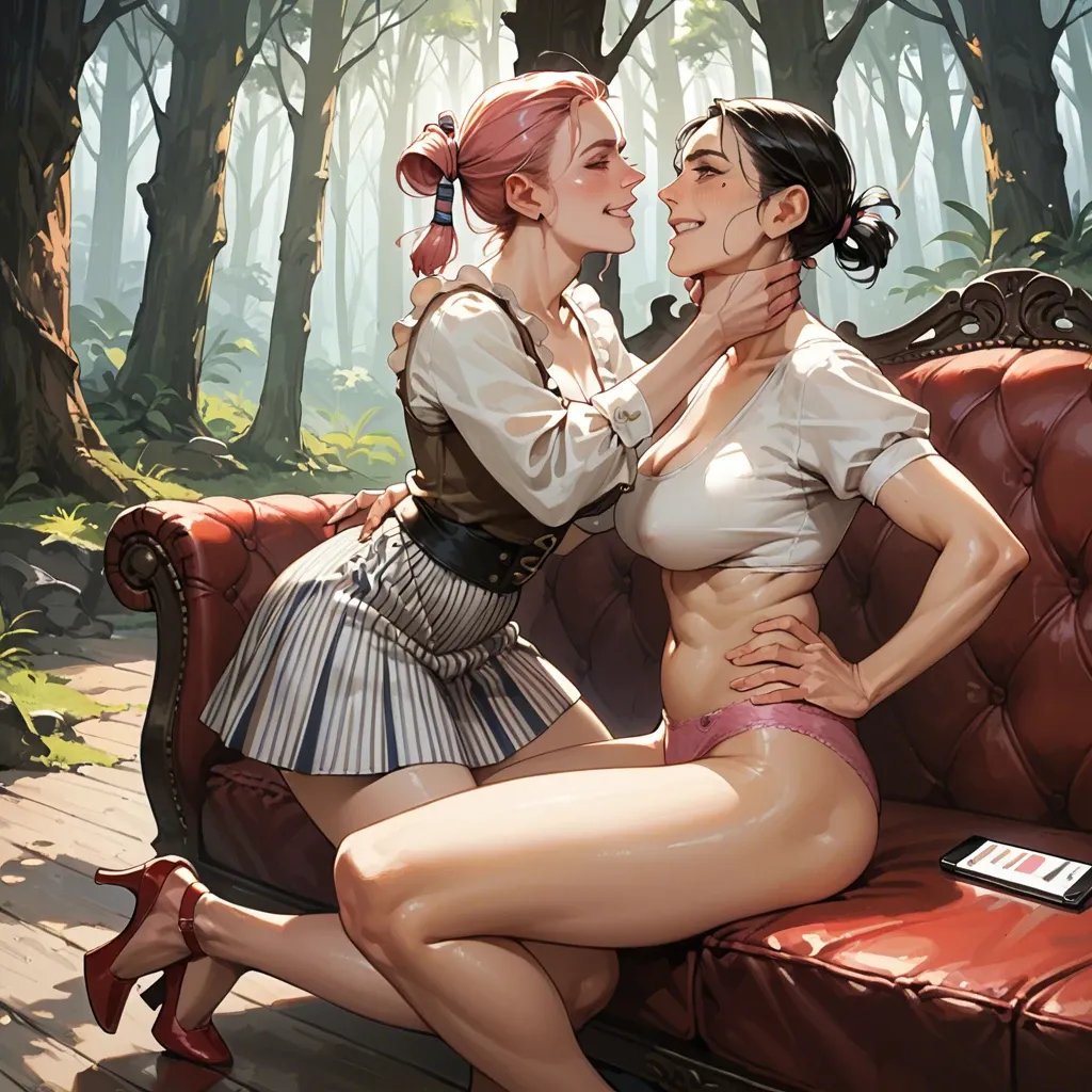 2girl, , , , mole under eye,warm smile,saggy boobs,grabbing hips,throat grab, black miniskirt,striped skirt,hair tie,pink panties,heels, strip club, fantasy forest, medieval prison, couch, phone, tifa lockhart, spider-gwen