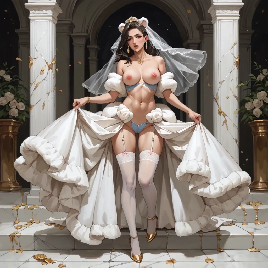 1girl,solo, , , , arching,gold anklets,pink nipples,navel piercing,off shoulders, bear costume,white socks,big earrings,blue bra,running shoes, silk gown,white stockings,bridal veil,lingerie,high heels, jeans,black fishnet,gold crown,white swimsuit,sneakers, bedroom, in the river, dungeon, linked, spider-gwen, hatsune miku