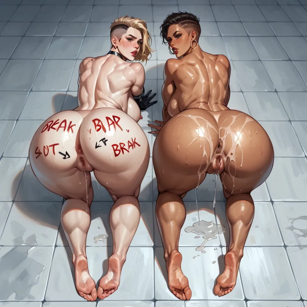 2girls (pregnant, white skin), 2 girls (abs, massive boobs, tan skin), Luis written on ass, 'Luis' writing on ass, crew cut hair, show ass, massive ass, show feet, pussy juice dripping down to the floor, candles, naked, detailed face, seductive