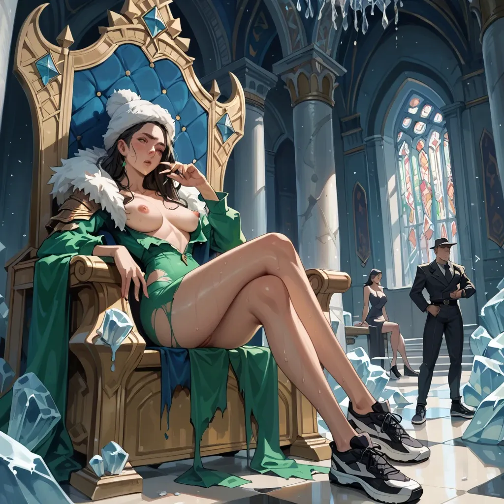 2girl, , , , freckled,long slim legs,perky breasts,backwards,shoulder, torn skirt,ice palace,fur hat,green bodysuit,black sneakers, showering, royal gardens, throne room, respectable, anime, night, belle, dynamic angle