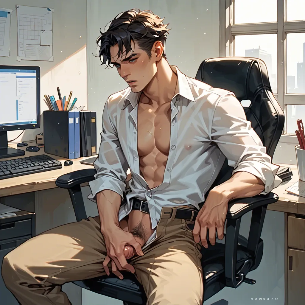 1boy, , , , cheekbones, eye color red, hair color blue, long bangs and mullet, unbuttoned shirt, masturbating, sitting on office chair, unbuttoned pants