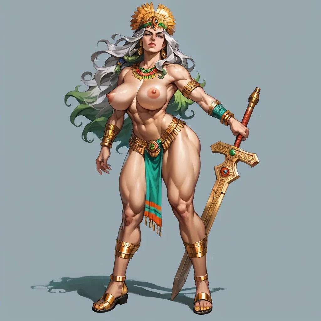 kuudere warrior mexican princess, long silver hair, fierce eyes, an unmatched fighter, aztec princess, quetzalcoatl female princess, big breast, toned body, wide hips, add more details, with gold jewelry, full body shot view, gold sandals