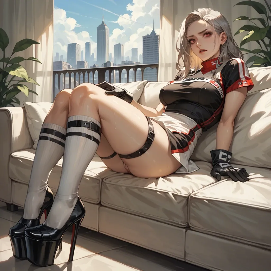 1girl,solo, , , , red eyes,thigh strap,perky breast,black fabric,fat neck, gray t-shirt,knee-high socks,racing gloves,hand on panties,platform heels, sit on a couch, city, medieval dress, dildos, anime coloring, in the dark, zelda sd, spider-gwen, ariel waifu