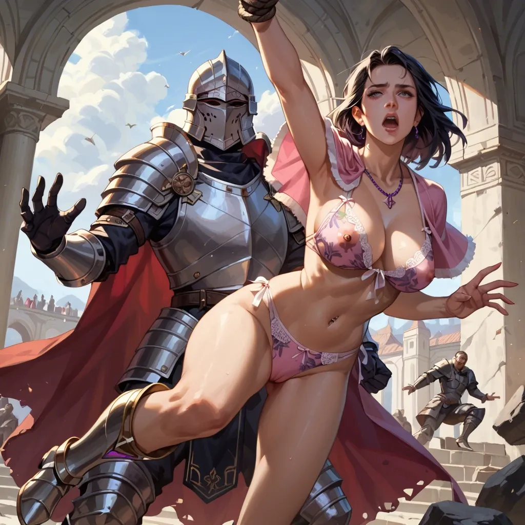 2girl, , , , reaching back,arm up,pierced nipples,thin waists,shoulders, reaching,bound legs,large breast,turn back,purple necklace, pink t-shirt,lace trim,capelet,floral bikini,armored boots, barren, brazil jungle, tavern, sitting on desk, ultra detailed, bright-lit, princess peach, wonder woman, waifu