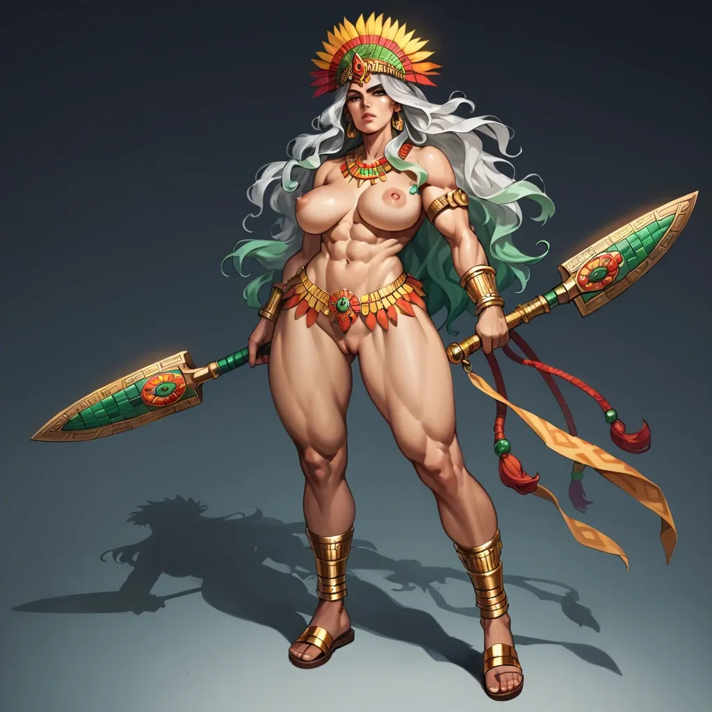 kuudere warrior mexican princess, long silver hair, fierce eyes, an unmatched fighter, aztec princess, quetzalcoatl female princess, big breast, toned body, wide hips, add more details, with gold jewelry, full body shot view, gold sandals