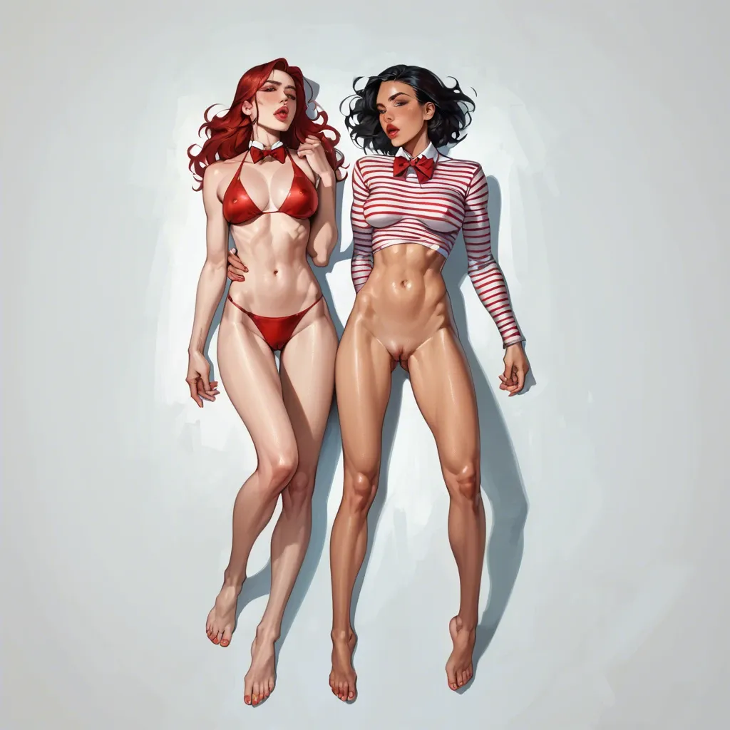 2girl, , , , thick lips,skinny legs,covered nipples,on back,standing behind, shiny lips,toes,big perky boobs,very slim waist,broad shoulders, shirt open,striped clothes,red bowtie,sexy red bikini,boots, bar, city background, throne room, european girl, detailed scales, bright-lit, linked, disney princess, dynamic