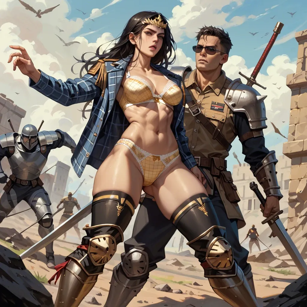 1girl,1boy, , , , cheek,thicc thighs,big boobs,slender waist,natural skin, jacket,socks,sunglasses,print panties,armored boots, plaid shirt,socks,golden tiara,lace bra,thigh boots, battlefield, rapunzel