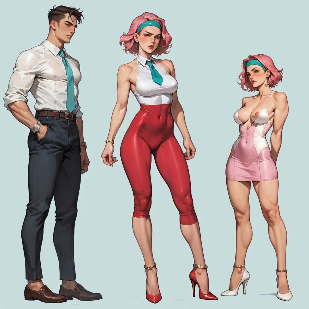 1girl,1boy, , , , fisheye lens,feet on head,perky tits,clenched waist,standing, pink dress,tights,aqua necktie,white swimsuit,stiletto heels, red tight pants,anklets,headband,print panties,running shoes, spaceship, phone exposure, anime style, dark makeup, 2b, spider-gwen