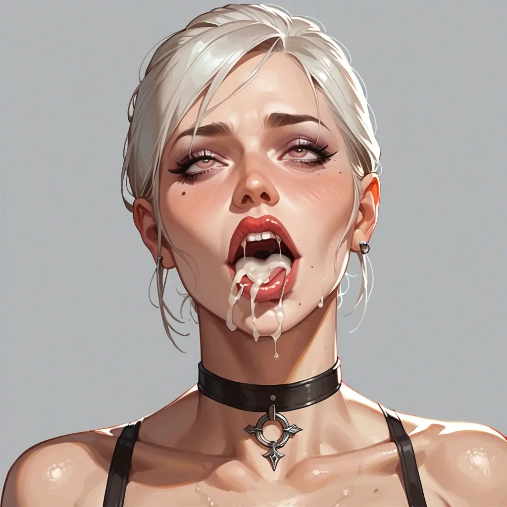 Very cute Morrigan of dragon age get a huge creampie. Thin body. Choker on her neck. Ahegao face