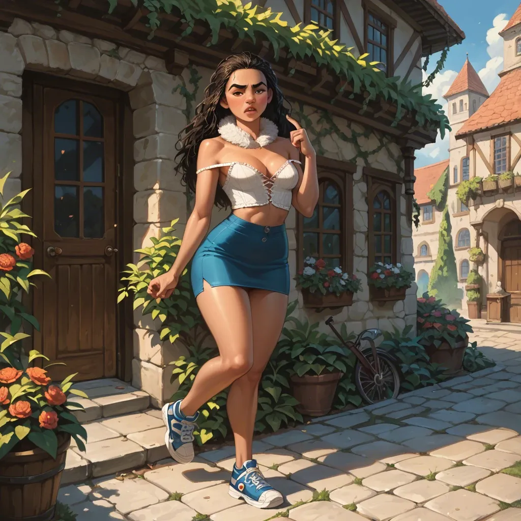 1girl,solo, , , , clenching,sucking finger,perky boobs,breast,shoulders, pencil skirt,lacey,fur collar,crotchless,sneakers, hotel exterior, outdoor garden, medieval, painted, at night, moana