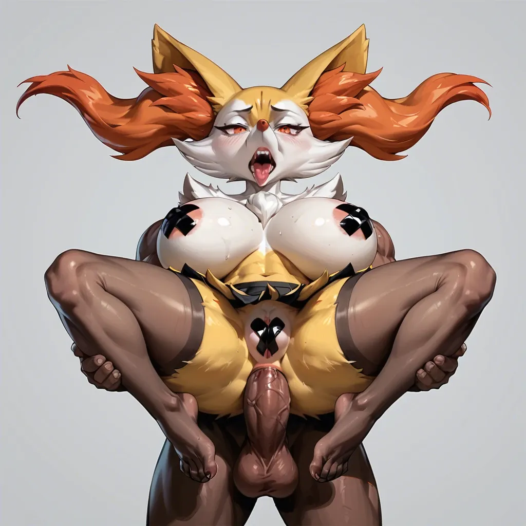 Braixen, furry, massive breasts, Perfect tits, x-shaped black pasties, topless, mini skirt, black stockings, reverse suspended congress, anal