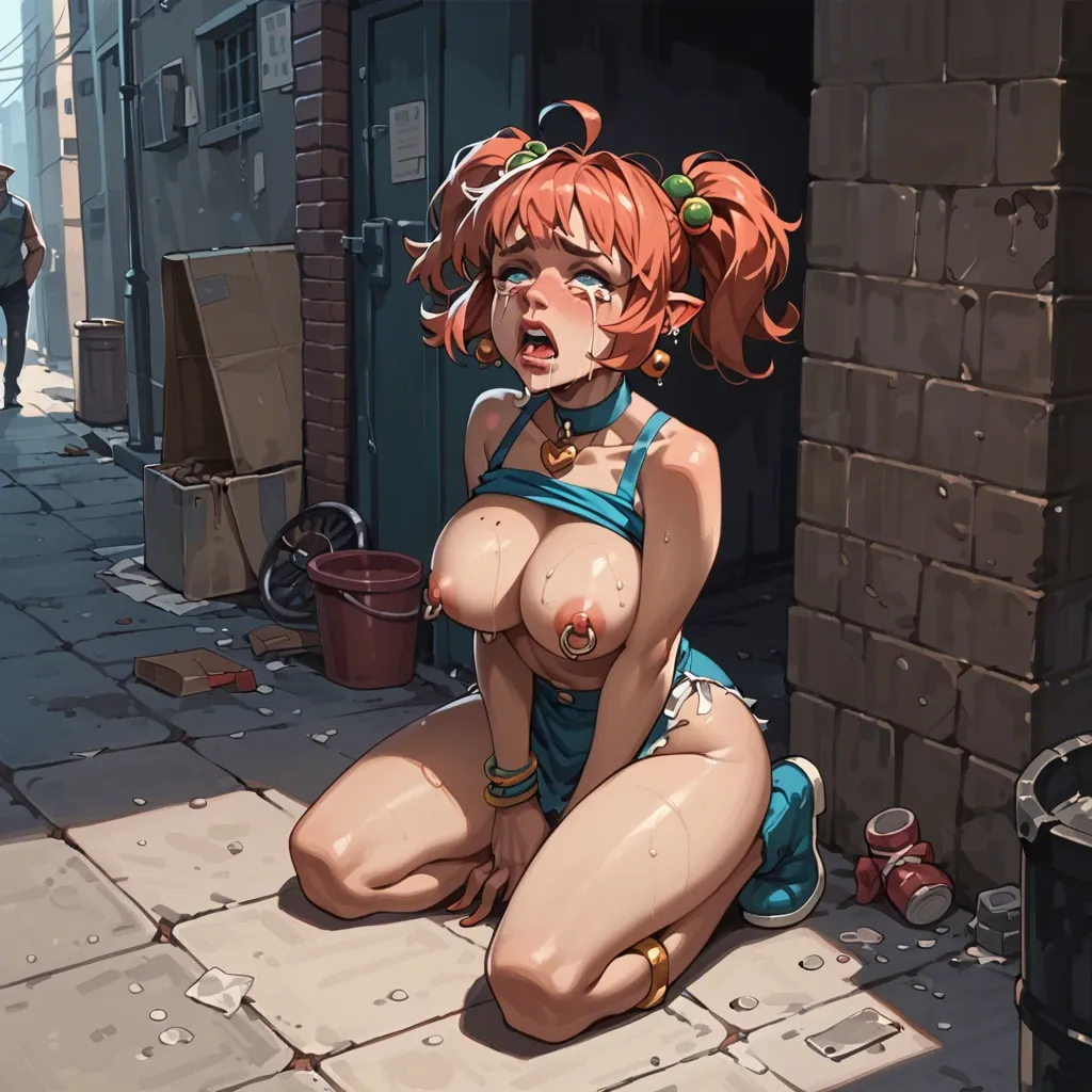 gnome girl,fat breasts, molested by men, crying, on her knees, in a dark alley street, cryiing for help, pierced nipples