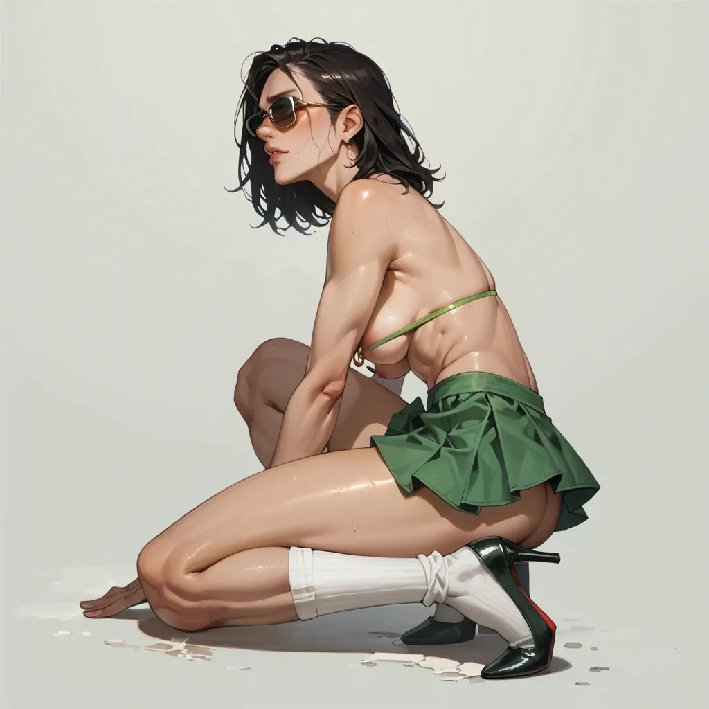 1girl,solo, , , , nose,high heels,firm breasts,thin waists,dark-skinned, touching,legs wide,nipple ring,arched back,knees, micro skirt,baggy socks,sunglasses,green swimsuit,no shoes, pull shirt,white socks,round glasses,one-piece,sneakers, uniform,gold anklets,belt,sports bra,white boots, living room, medieval, lying in bed, being groped, girl lara croft, rapunzel waifu