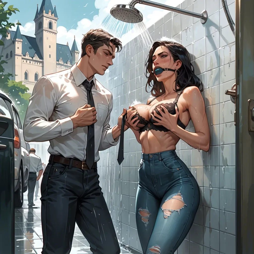 1girl,1boy, , , , high cheekbones,arms on breasts,big perky boobs,narrow waist,necktie, torn jeans,black lace bra,necktie,panties on,heels, shower, parking, castle exterior, gag, lara croft, elsa hair, dynamic