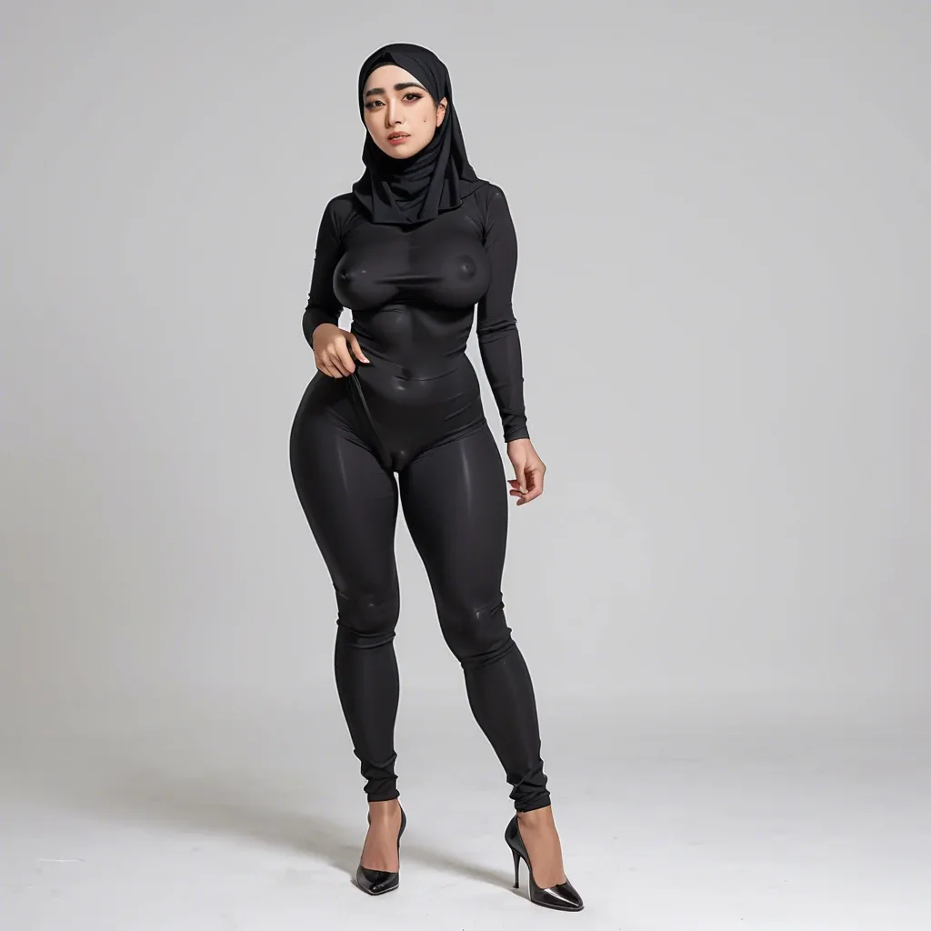 Asian girl, cute face asian, asian black hijabi, asian black hijab, black dress, nipple bulge, big breast, wide hips, big thighs, full body, big butt, fat butt, fat pussy