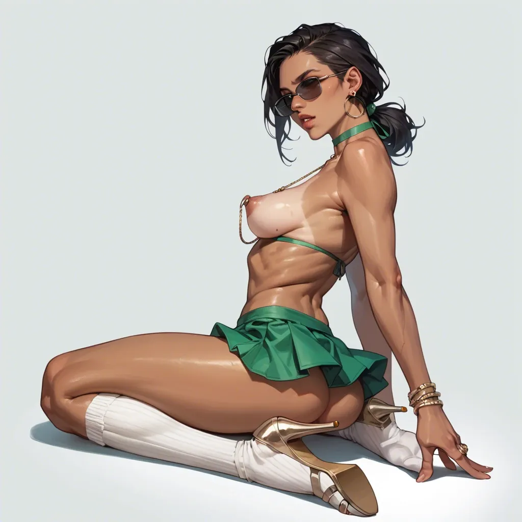 1girl,solo, , , , nose,high heels,firm breasts,thin waists,dark-skinned, touching,legs wide,nipple ring,arched back,knees, micro skirt,baggy socks,sunglasses,green swimsuit,no shoes, pull shirt,white socks,round glasses,one-piece,sneakers, uniform,gold anklets,belt,sports bra,white boots, living room, medieval, lying in bed, being groped, girl lara croft, rapunzel waifu