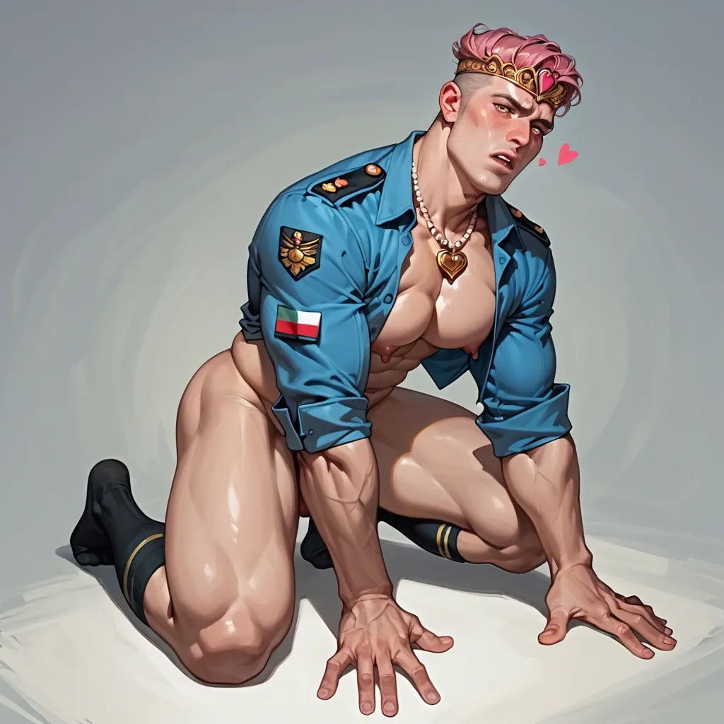 1girl,1boy, , , , sharp eyes,on her knees,saggy boobs,black fabric,neck bell, double chin,in army uniform,erected nipples,exposed pecs,heart necklace, blue shirt,socks,golden tiara,pink panties,gothic boots, brown pants,torn thighhighs,belt,pink panties,knee boots, bar background, public park, cyberpunk, phone screen, realistic face, golden hour, girl lara croft, ariel waifu, hinata hyuuga