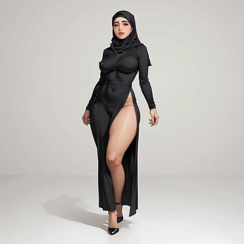 Asian girl, cute face asian, asian black hijabi, asian black hijab, revealing dress, black dress, nipple bulge, big breast, wide hips, big thighs, full body, big butt, fat butt, fat pussy