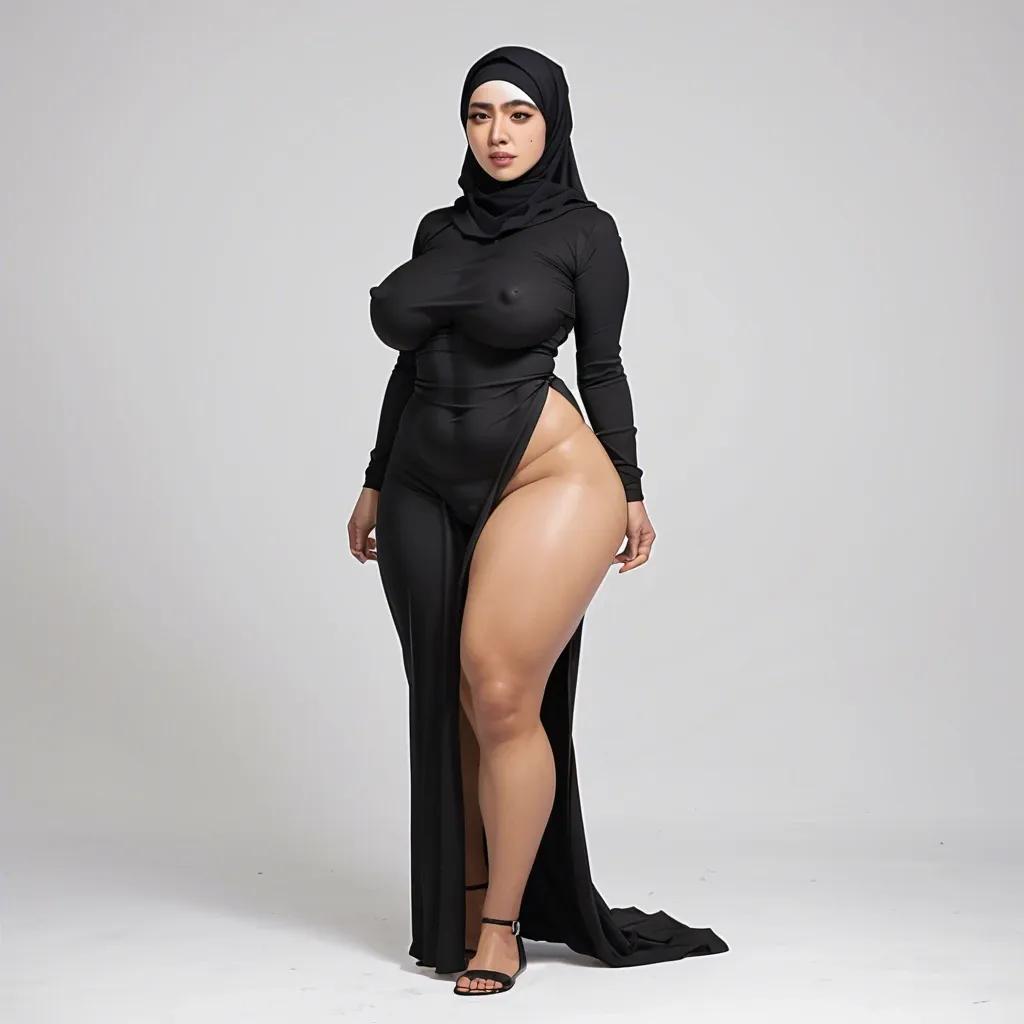 Asian girl, asian black hijabi, asian black hijab, black dress, nipple bulge, big breast, wide hips, big thighs, full body, big butt, fat butt, fat pussy