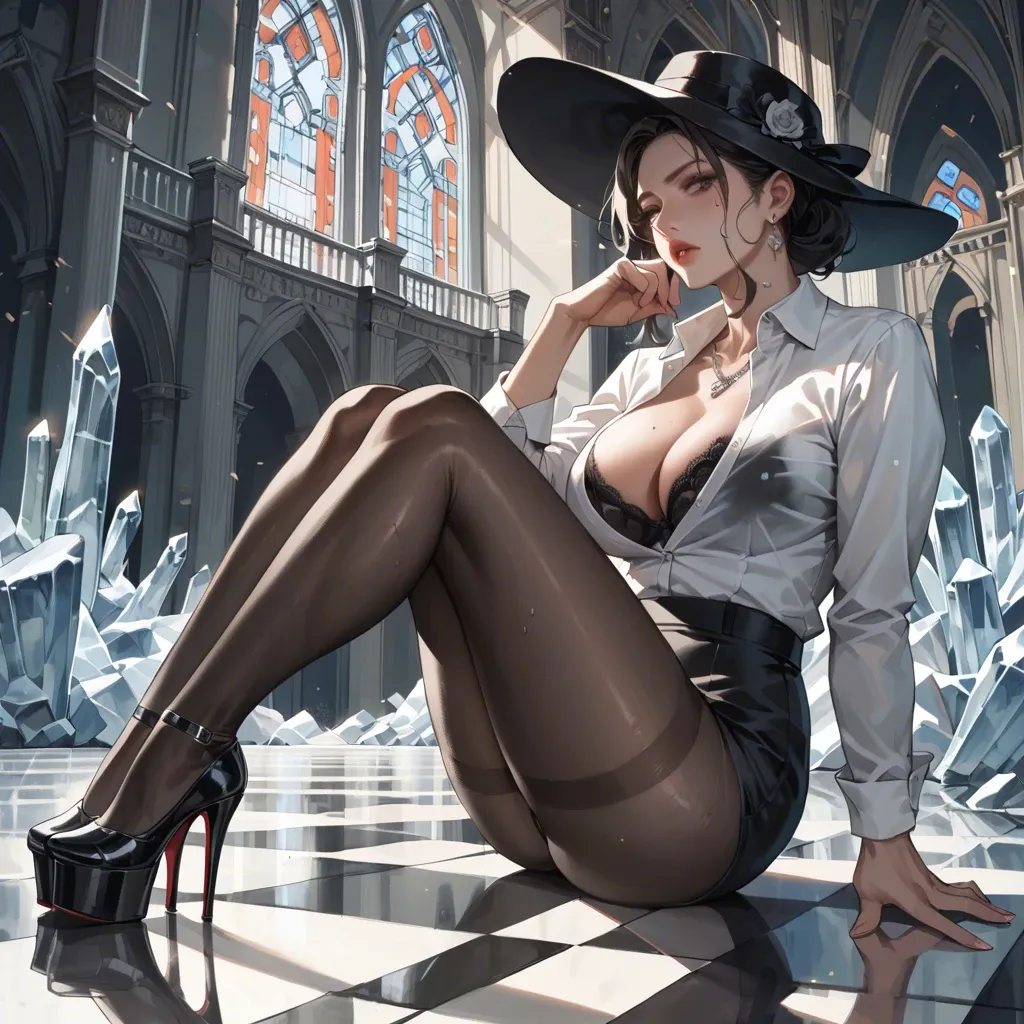 1girl,solo, , , , mole,steamy feet,large breasts,abstract,on her knees, formal shirt,socks,necklace,black bodysuit,stiletto heels, collared shirt,ice palace,black hat,black bra,platform heels, wedding dress,fishnets,dangly earrings,no panties,black sneakers, sit on a couch, at the river, dungeon, robot, candid camera, belle, ariel waif, American school